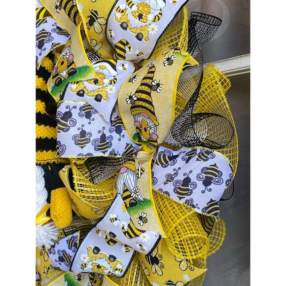 Bee Gnome Wreath Yellow Black White Mesh Bow Front Door Summer Decor 24” - Picture 4 of 7